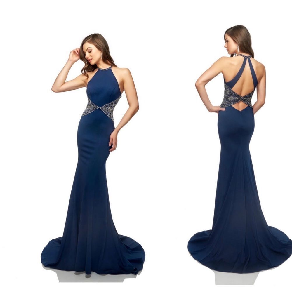 NEW Lucci Lu 28002 navy halter jersey with beaded waistline maxi gown dress 14